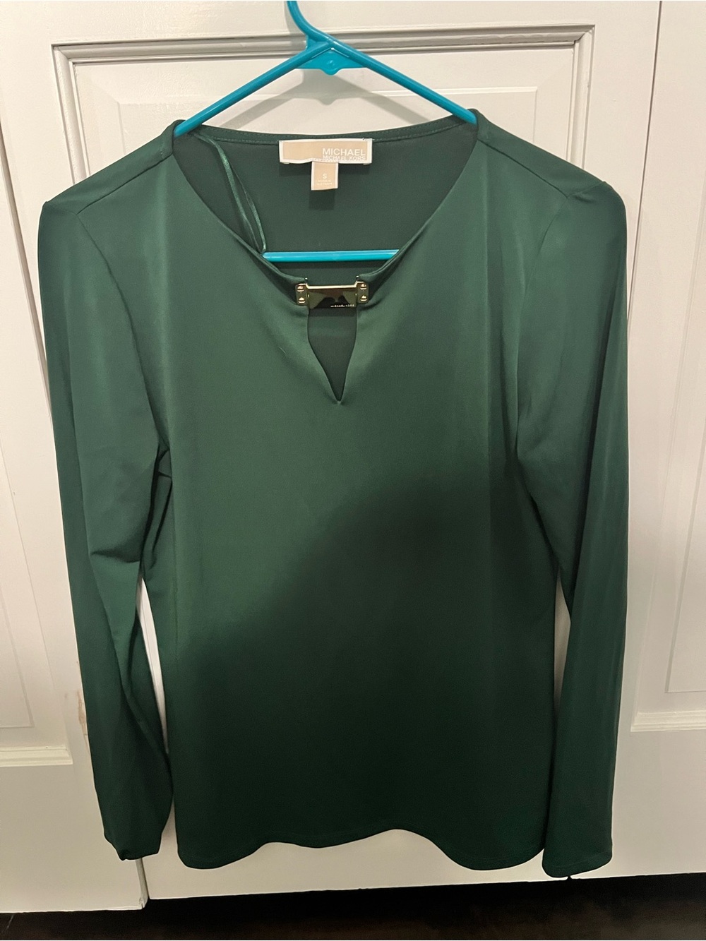 Michael Kors Dark Green Long-Sleeve Keyhole Top with Gold Accent